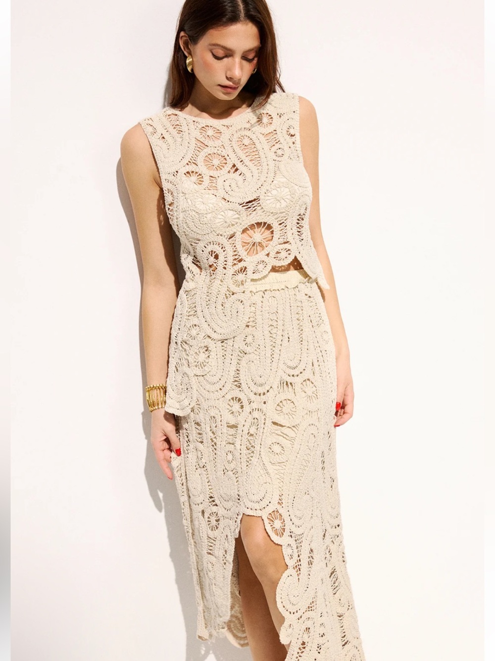 Commense Women’s Cream Crochet Tip & Skirt Set Medium NWT - Picture 5 of 9